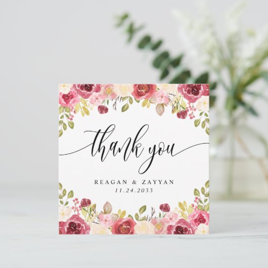 Burgundy Merlot Bloral Wedding Dankeschön Karte (Stehend Vorderseite)