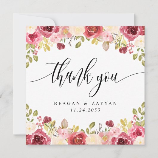 Burgundy Merlot Bloral Wedding Dankeschön Karte (Vorderseite)