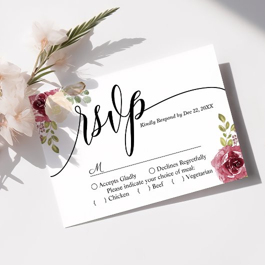 Burgundy Merlot Bloral Wedding RSVP Card