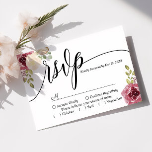 Burgundy Merlot Bloral Wedding RSVP Card Karte