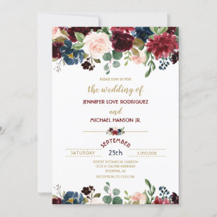 Burgundy Merlot & Navy Blue Floral Blooms Hochzeit Einladung