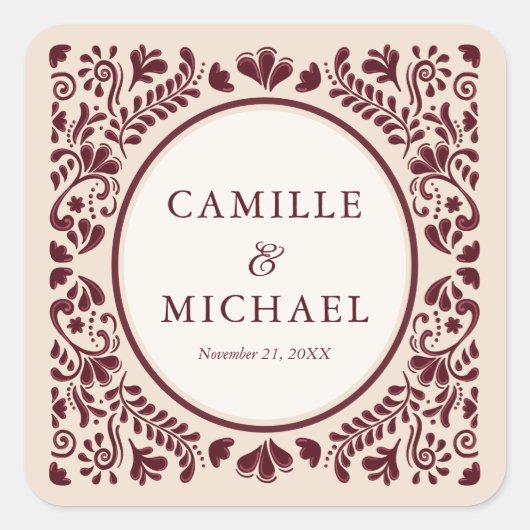 Burgundy Mexican Talavera Wedding Sticker (Vorderseite)