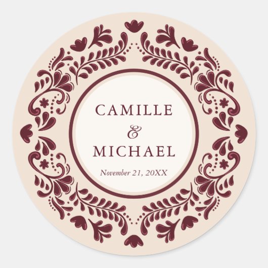 Burgundy Mexican Talavera Wedding Sticker (Vorderseite)