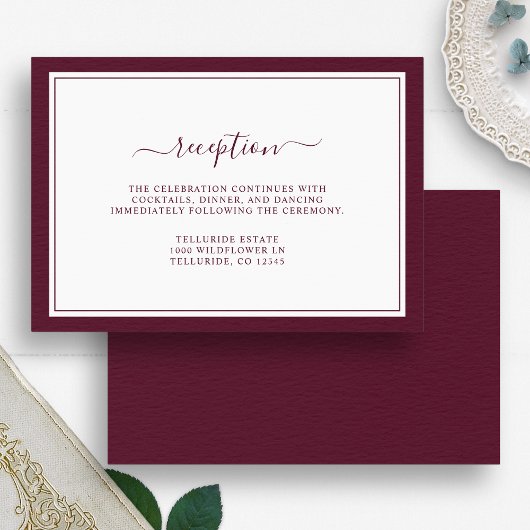 Burgundy Minimal Eleganter Script Empfang Hochzeit Begleitkarte