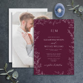 Burgundy Minimal Leaf Foto Monogram Wedding Einladung