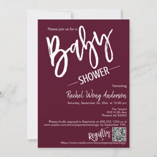 Burgundy Minimal Script Baby Shower QR Code Foto Einladung (Vorderseite)