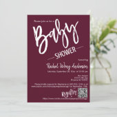 Burgundy Minimal Script Baby Shower QR Code Foto Einladung (Stehend Vorderseite)