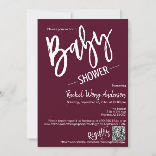 Burgundy Minimal Script Baby Shower QR Code Foto Einladung