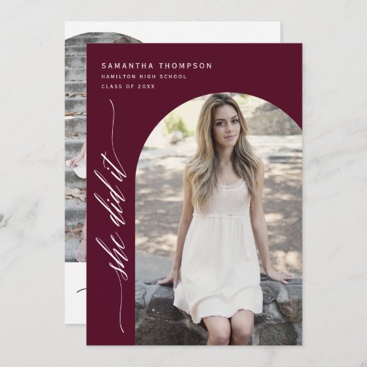 Burgundy Minimal Sie tat es Abschluss Arch Foto Einladung (Vorne/Hinten)
