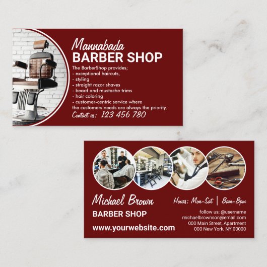 Burgundy Minimal Stil Friseur Salon Fotos Barber Visitenkarte (Vorne/Hinten)