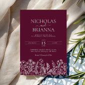 Burgundy Minimalist Wildflower Wedding Monogram  Einladung