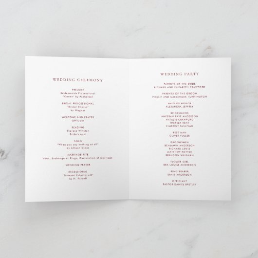Burgundy Minimalistisch Dainty Script Wedding Programm (Innenseite)
