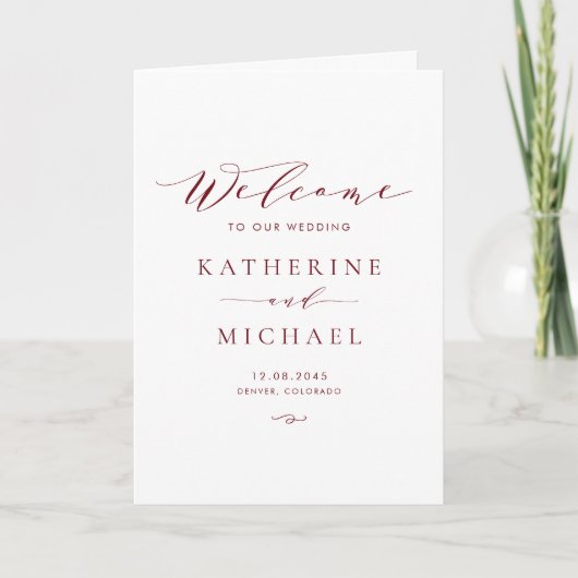 Burgundy Minimalistisch Dainty Script Wedding Programm (Vorderseite)
