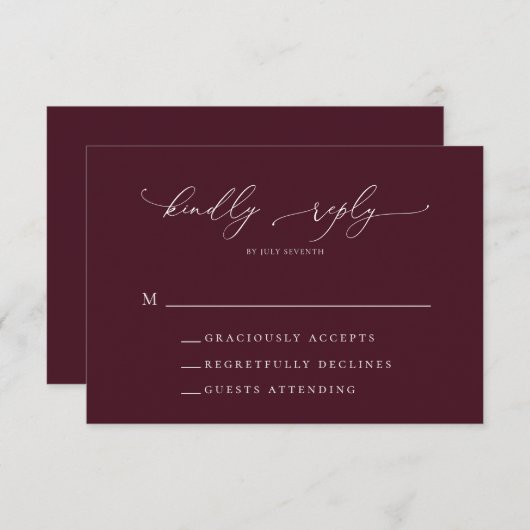 Burgundy Minimalistisch Wedding RSVP Card (Vorne/Hinten)