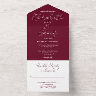 Burgundy Minimalistische, elegante Skripthochzeit All In One Einladung