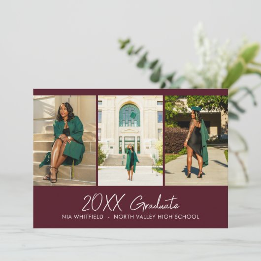 Burgundy Minimalistische Fotocollage Graduation Pa Einladung (Stehend Vorderseite)