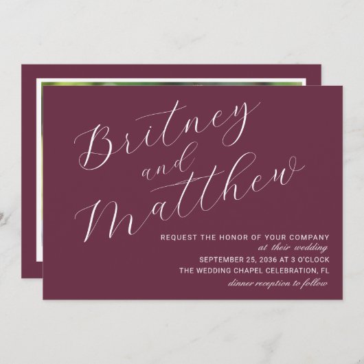 Burgundy Minimalistisches Foto Elegantes Skript Ho Einladung (Vorne/Hinten)