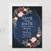 Burgundy Mixed Floral Blue Wood Geo Rahmen Save The Date (Vorderseite)