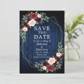 Burgundy Mixed Floral Blue Wood Geo Rahmen Save The Date (Stehend Vorderseite)