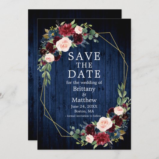 Burgundy Mixed Floral Blue Wood Geo Rahmen Save The Date (Vorne/Hinten)
