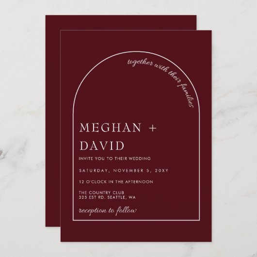 Burgundy Modern Arch Wedding Einladung (Vorne/Hinten)