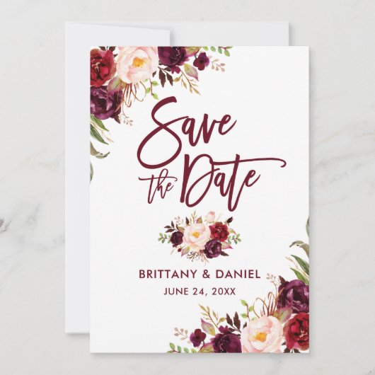 Burgundy Modern Brush Script floral Save The Date (Vorderseite)