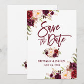 Burgundy Modern Brush Script floral Save The Date (Vorne/Hinten)