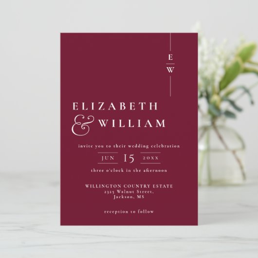 Burgundy Modern Monogram Wedding QR Code Einladung (Stehend Vorderseite)