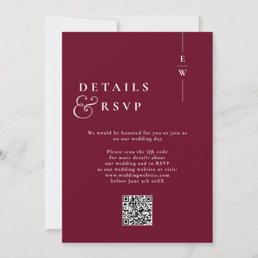 Burgundy Modern Monogram Wedding QR Code Einladung (Rückseite)