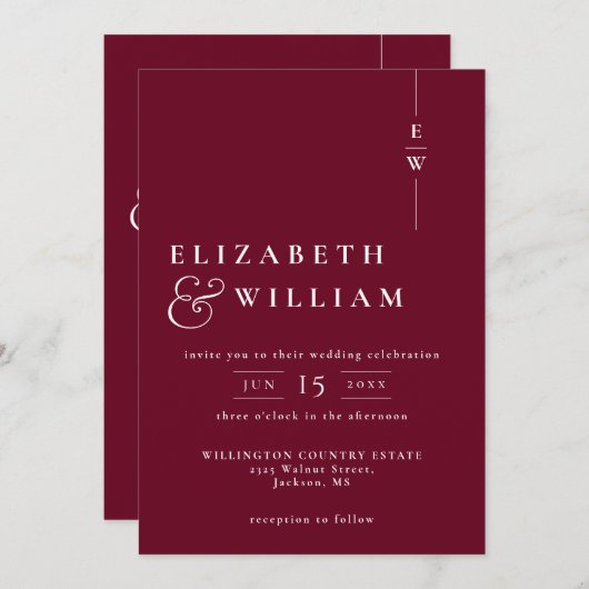Burgundy Modern Monogram Wedding QR Code Einladung (Vorne/Hinten)