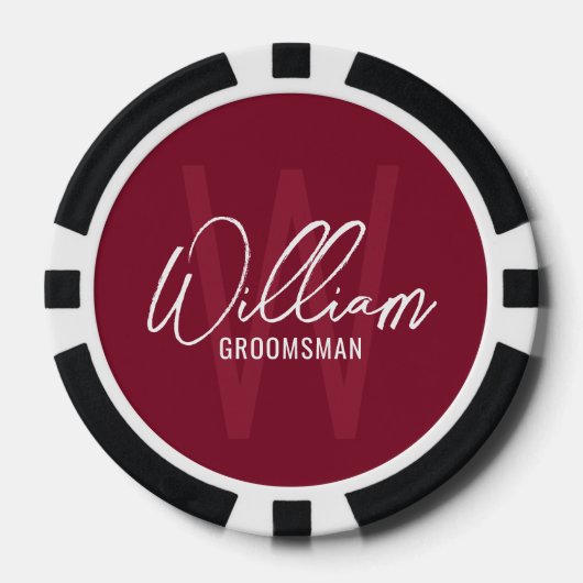 Burgundy Moderne Script Personalisierte Trauzeugen Pokerchips (Vorderseite)