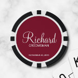 Burgundy Modernes Script Personalisierter Trauzeug Pokerchips<br><div class="desc">Personalisierte Trauzeuge Geschenke mit dem Namen des personalisierten Trauzeugen im modernen,  weißen Script-Schriftart Stil mit Titel und Hochzeitsdatum in modernen Sans Serif Schriftart Stil auf bordeauxroten Hintergrund. Auch perfekt für Trauzeuge,  Brautvater und mehr.</div>