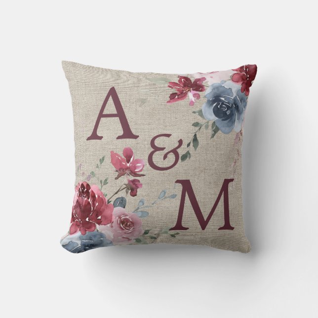 Burgundy Monogram Dusty Rose Blue Floral Linse Kissen (Vorderseite)