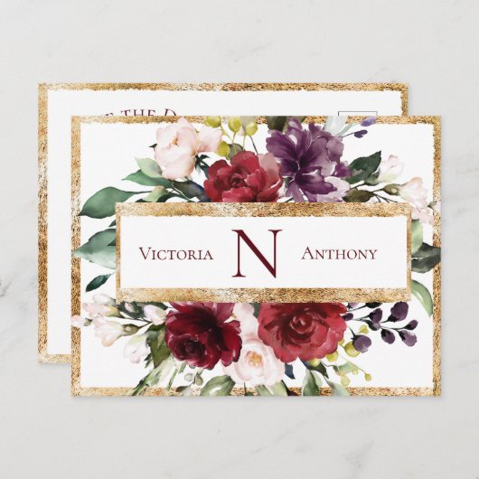 Burgundy Monogram Floral Gold Save the Date Postkarte (Vorne/Hinten)