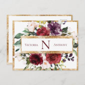 Burgundy Monogram Floral Gold Vielen Dank Postkarte (Vorne/Hinten)