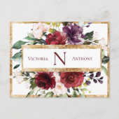 Burgundy Monogram Floral Gold Vielen Dank Postkarte (Vorderseite)