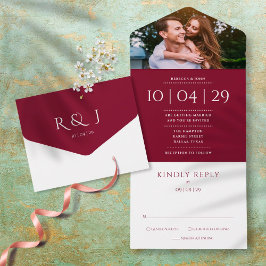 Burgundy Monogram Foto Hochzeitdatum All In One Einladung