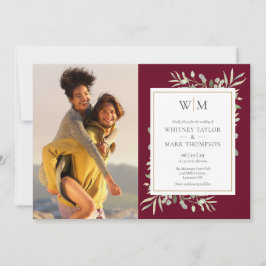 Burgundy Monogram Greenery Foto Wedding Einladung