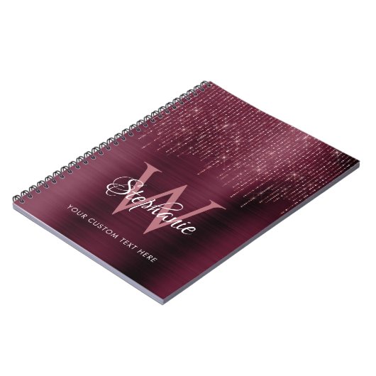 Burgundy Monogram Rose Gold Sparkle Notizblock (Linke Seite)
