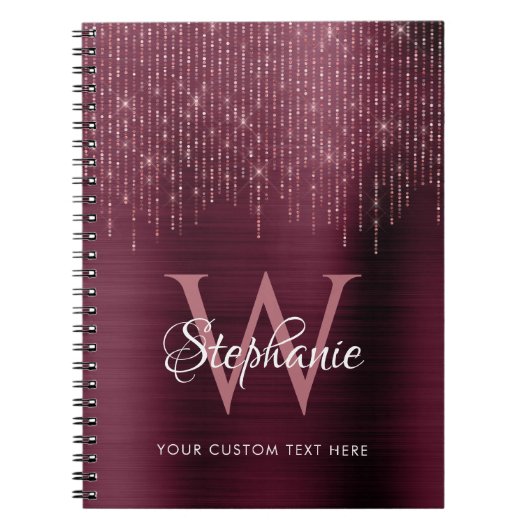 Burgundy Monogram Rose Gold Sparkle Notizblock (Vorderseite)