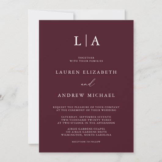 Burgundy Monogram Simple Minimalistisch Wedding In Einladung (Vorderseite)