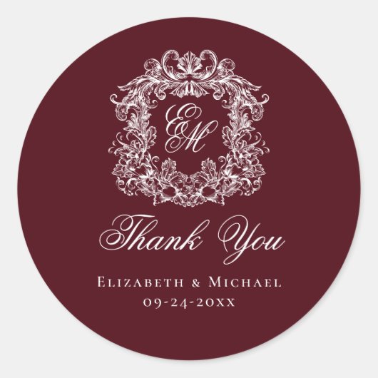 Burgundy Monogram Wedding Crest Thank You Runder Aufkleber (Vorderseite)