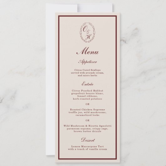 Burgundy Monogram Wedding Long Menu Card Einladung (Vorderseite)