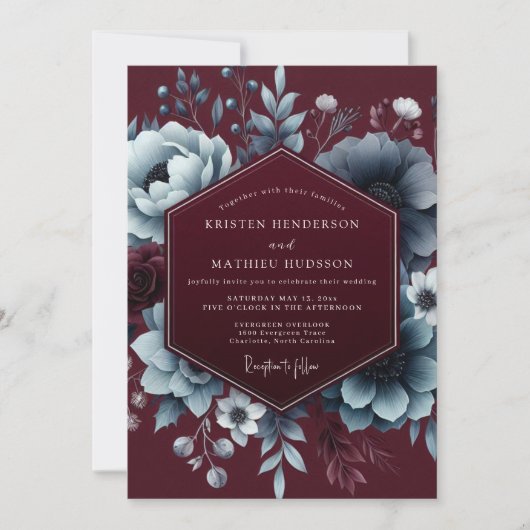 Burgundy Moody Bloom Elegance Wedding Einladung (Vorderseite)