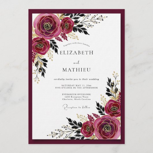 Burgundy Moody Bloom Wedding Einladung (Vorderseite)