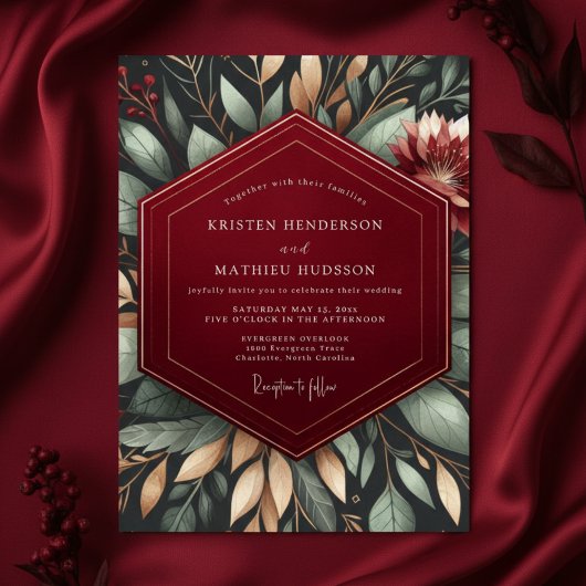 Burgundy Moody Botanical Romance Wedding Einladung