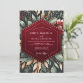 Burgundy Moody Botanical Romance Wedding Einladung (Stehend Vorderseite)