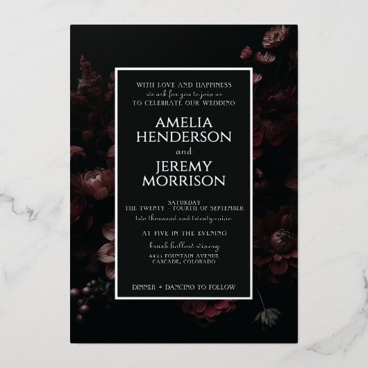 Burgundy Moody Floral mit Details Folieneinladung (Vorderseite)
