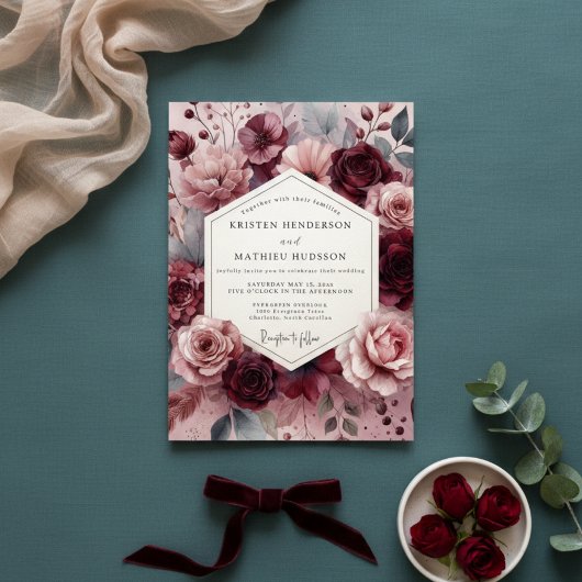 Burgundy Moody Floral Romance Wedding Einladung