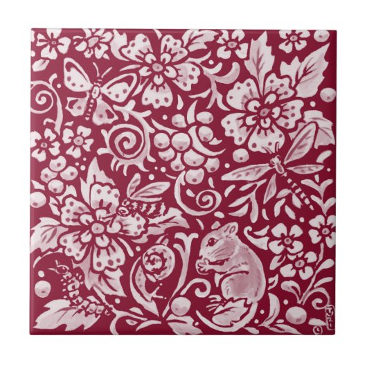 Burgundy Mouse Maroon Woodland Tier Verziert Fliese (Vorderseite)